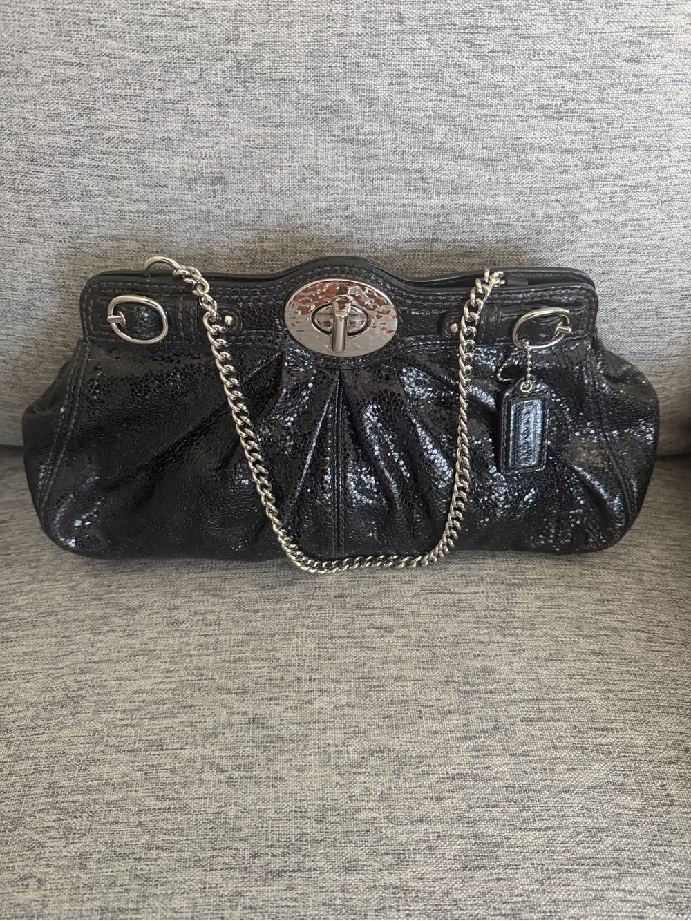 Coach Garnet Black Shiny Pebbled Leather Chain-Handle Clutch